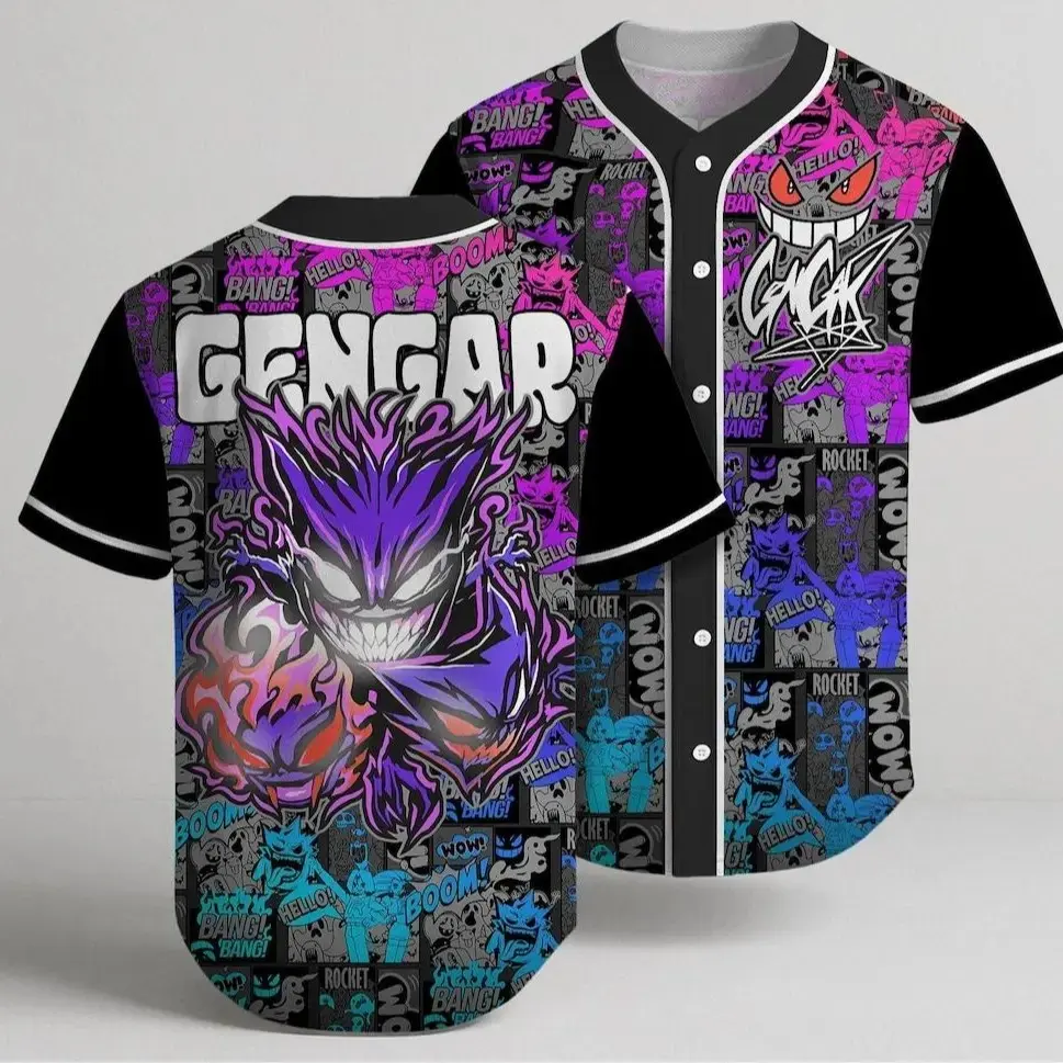 Gengar Inspired Baseball Jersey – Graffiti Comic Button Up Shirt, Purple Monster Fan 3D Print Sports Jersey, Halloween Shirt, Gift For Fan Anime Unisex S-5XL