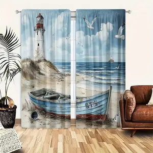 2-Piece Nautical Charm Curtain Set - High-definition digital print of ship and lighthouse scene, light-filtering polyester curtains with rod pocket design, suitable for bedroom, living room, office decoration