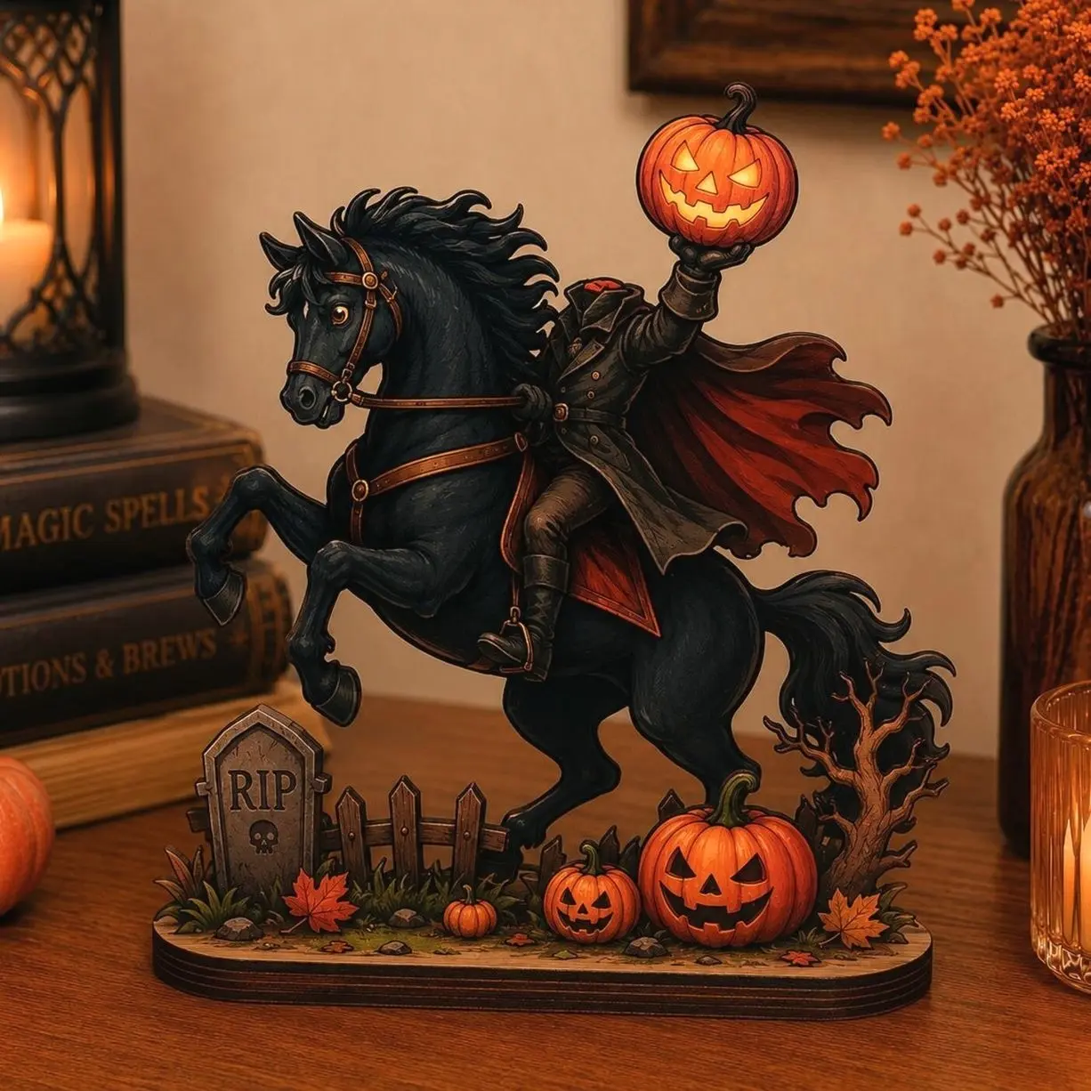 Headless Horseman Wooden Stand Decor, Halloween Rider Display, Haunted Horse Shelf Ornament, Gothic Table Accent, Fall Home Decoration