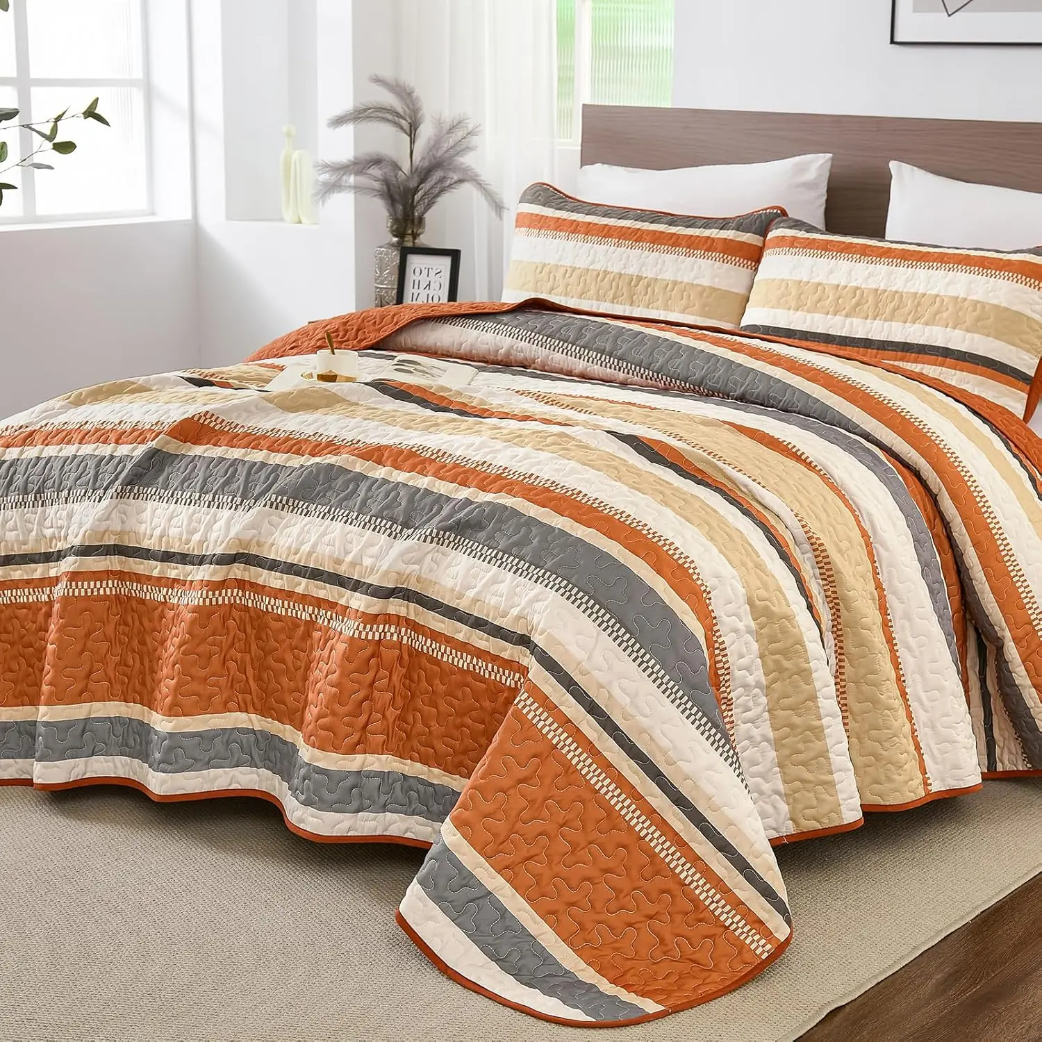 Orange Queen Quilt, triped Quilts Bedspread et with hams, Halloween Fall Coverlet Bedding et for Bed "*"