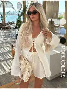 Women's Solid Tie Front Long Sleeve Top & Shorts Set, Casual Fashion Cozy Loungewear Womenswear Two-piece Set for Daily Holiday Vacation Wear, Ladies Clothes for Summer