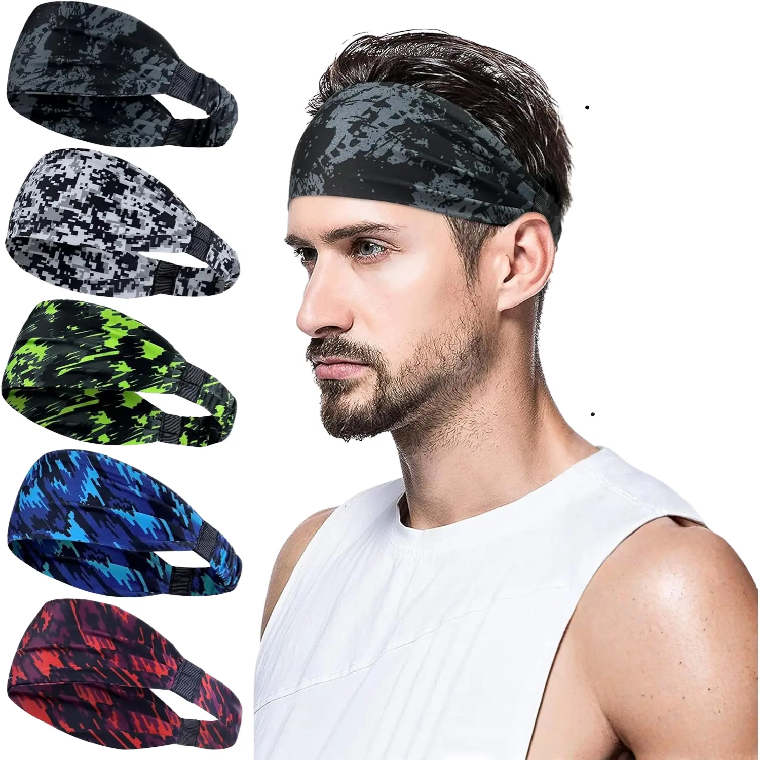 5 Pack Sports Headbands for Men Stretchy Sweatbands Absorbent Head Bands for Workout Running Football Cycling