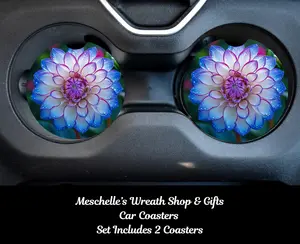Blue Dahlia Car Coasters, 2 Pcs Set - Spill-Proof Neoprene/Ceramic Automotive Interior Decoration Accessories for Cup Protection, Ideal for Car Interior Upgrade