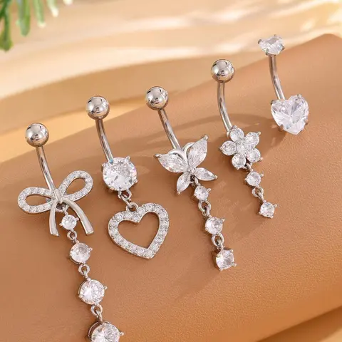Rhinestone Decorated Belly Ring, Belly Button Rings, Bow & Heart & Flower Design Belly Piercing Jewelry for Women, Fashion Accessories for Party, Daily Clothing Decor, Fashion Body Jewelry, Body Jewellery