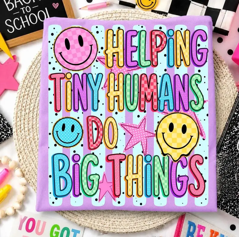 Comfort Colors Striped Neon Helping Tiny Humans Do Big Things Shirt, Preppy Teach, First Day of School, Back to School Png, Daycare, For Woman, Women's T-Shirt, Womenswear's Top