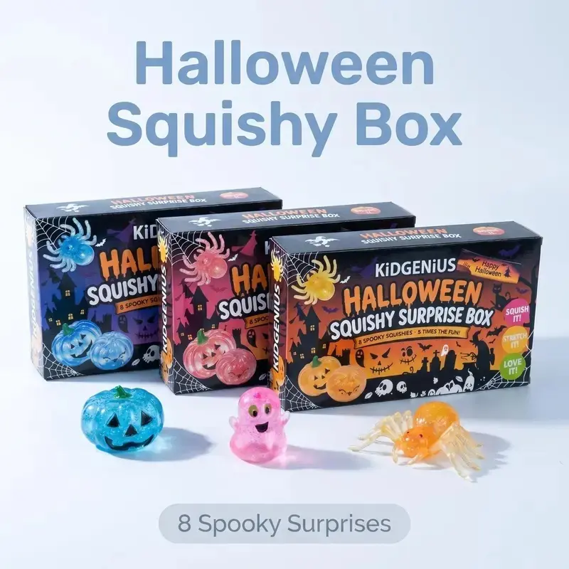 8-Pack Glitter Halloween Squishy Surprise Box, Unisex Spooky Party Favors, Stress Reliever Classic Novelty Kids Toys