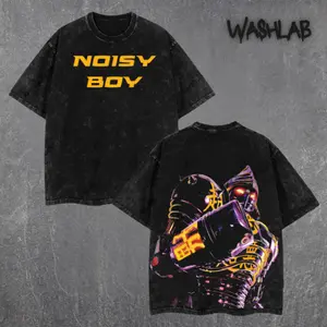 Retro Noisy boy - Real Steel Edition Double Printed Oversize Lightweight Acid Washed Tee Hoodie Sweater TV Series Graphic Design Top Cotton Streetwear Movie T-Shirt Clothes Menswear Womenswear Hoodie Sweatshirt Apparel Classic