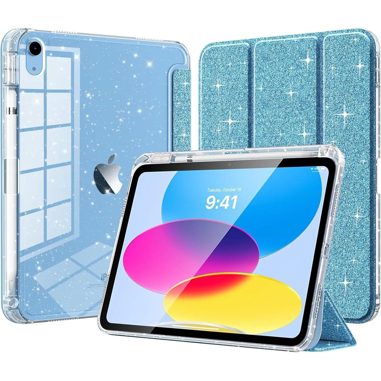 Bling iPad Case for 11th Gen (2025) & 10th Gen (2022) Glitter Transparent Back Cover with Stylus Slot & Smart Folio Stand