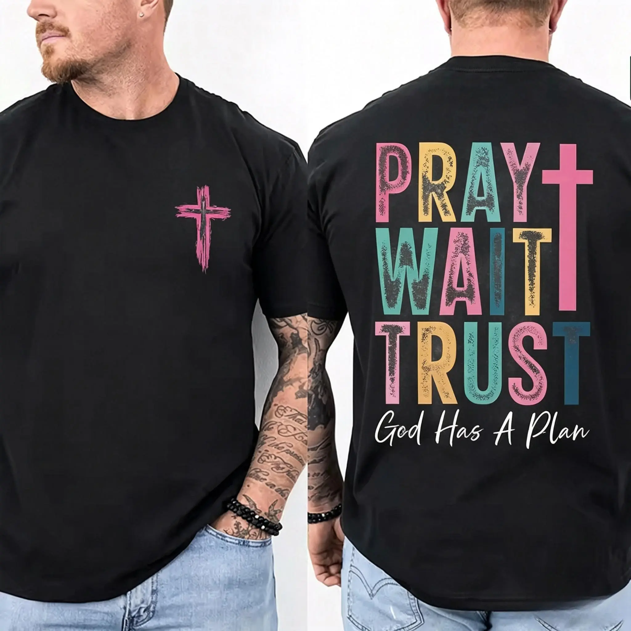 Pray Wait Trust Graphic T-Shirt for Men, Casual Short Sleeve in Soft Smooth Cotton with Seamless Fit, Lightweight Faith Gift