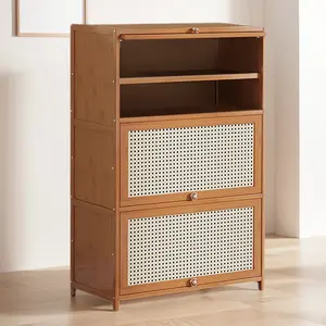 Tipping Bucket Shoe Rack Organizer with 2 Flip Drawers & Door Entryway Narrow Shoe Storage Cubby 7-Tier Bamboo Free Standing Shoe Storage Shelf for Closet Hallway Entryway