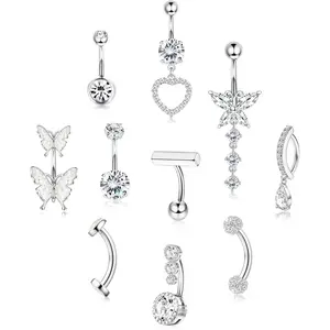 ZELORES 10 Pieces Of 14G Belly Button Ring Stainless Steel Opal CZ Navel Piercing Belly Rings for Women Clicker Dangle Belly Button Piercing Jewelry Silver Gold