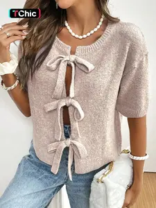 Women's Plain Tie Front Fitted Sweater Cardigan, Casual Short Sleeve Knitwear for Daily Wear, Ladies Clothes for All Seasons, Womenswear, Breathable