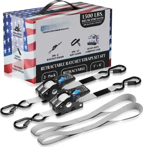 Based Retractable Ratchet Straps (2PK) 1in x 6ft - 1,500lb Break Strength, Heavy Duty Automatic Ratchet Straps Self Retractable Tie Down, Push Button Retracting  Trailer Cargo | Gray