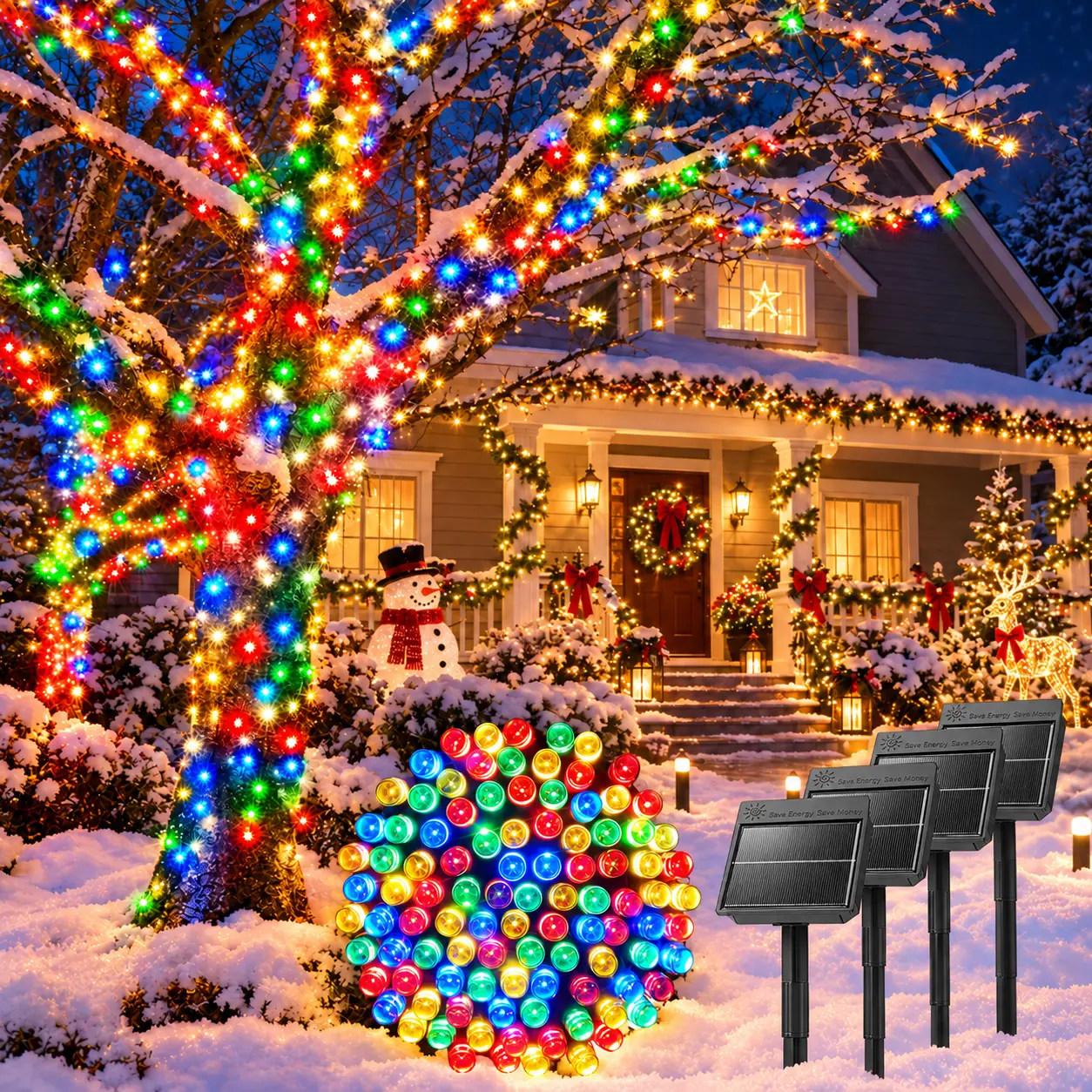 Multicolor Solar Christmas String Lights (Soft Wire, 4-Pack, 160 FT Total, 400 LEDs), 8 Lighting Modes, IP65 Waterproof Outdoor Home Improvement Decor for Christmas Tree, Yard, Outdoor Events