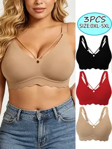 3pcs plus size Elegant fashion Fit bra with a hollow-out design, wire-free to reduce chest pressure, and crafted from breathable, sweat-wicking fabric. This intimate essential is designed specifically for comfort, support, and a stylish look Underwear