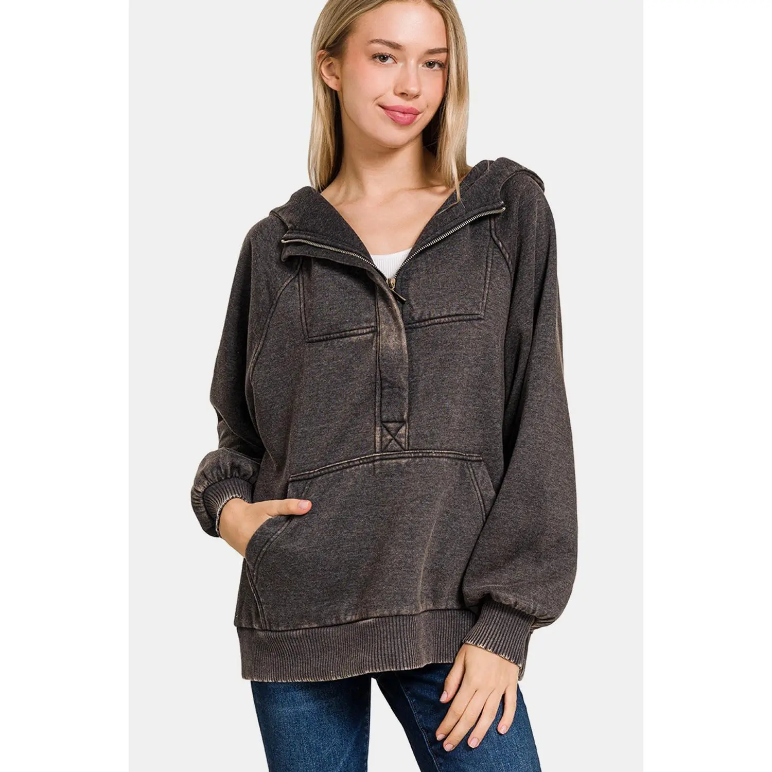 Zenana Acid Wash Fleece Kangaroo Hoodie