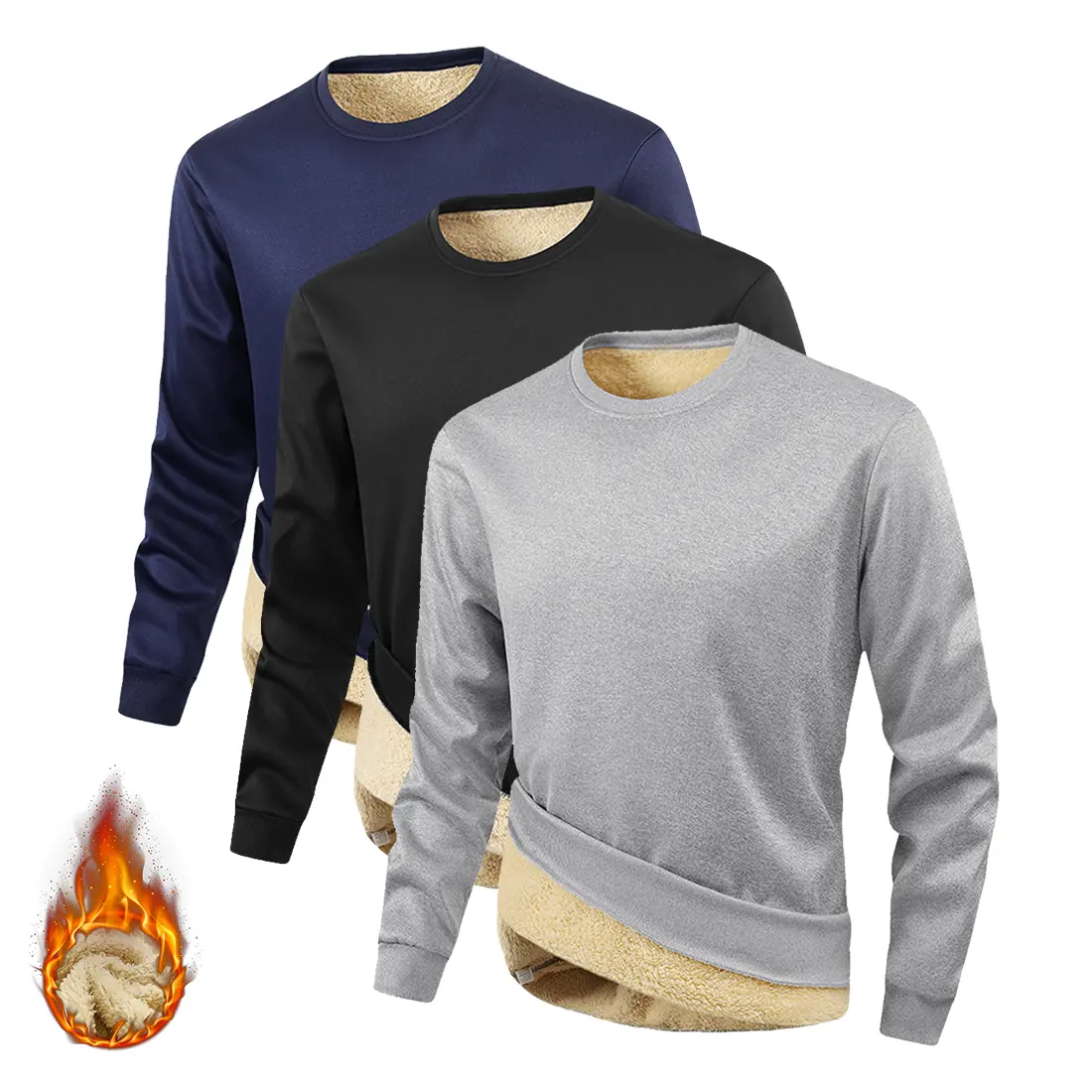 Men's Basic Solid Color Crew Neck Sweatshirt Loose Fit Warm Fleece Lining Long Sleeves Windproof Ribbed Cuff & Hem Ideal for Autumn Winter Wear
