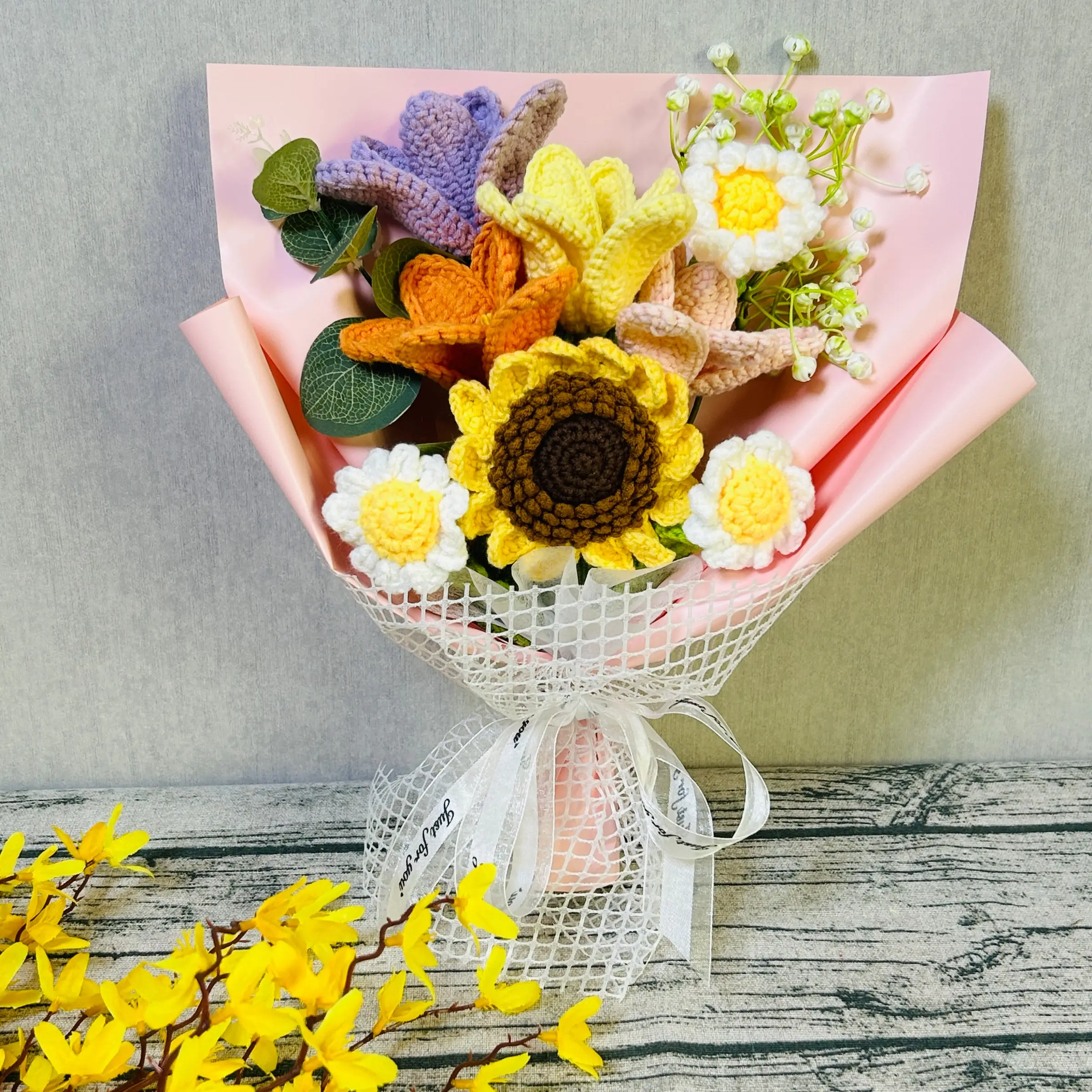 Handmade Crochet Tulip Sunflower Eternal Flower Bouquet, Mother's Day Lover Friend Party Gift, Fake Floral Arrangement, Anniversary Present