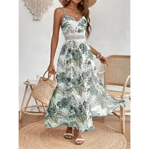 Women's Elegant Tropical Floral Print Sleeveless Dress with Side Slits and V-Neck, Lightweight Polyester for Spring/Summer Casual Wear Green Fabric Womenswear Strap Fitted(Sheet)