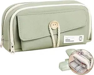 Mother's Day Gift Simple Style Cotton Rope Pencil Holder - Large Capacity Multi-layered Pencil Case Organizer, Aesthetic Minimalist Fabric Pen Pouch with Zipper, Durable Eco-Friendly Pen Pouch Bag (Green)