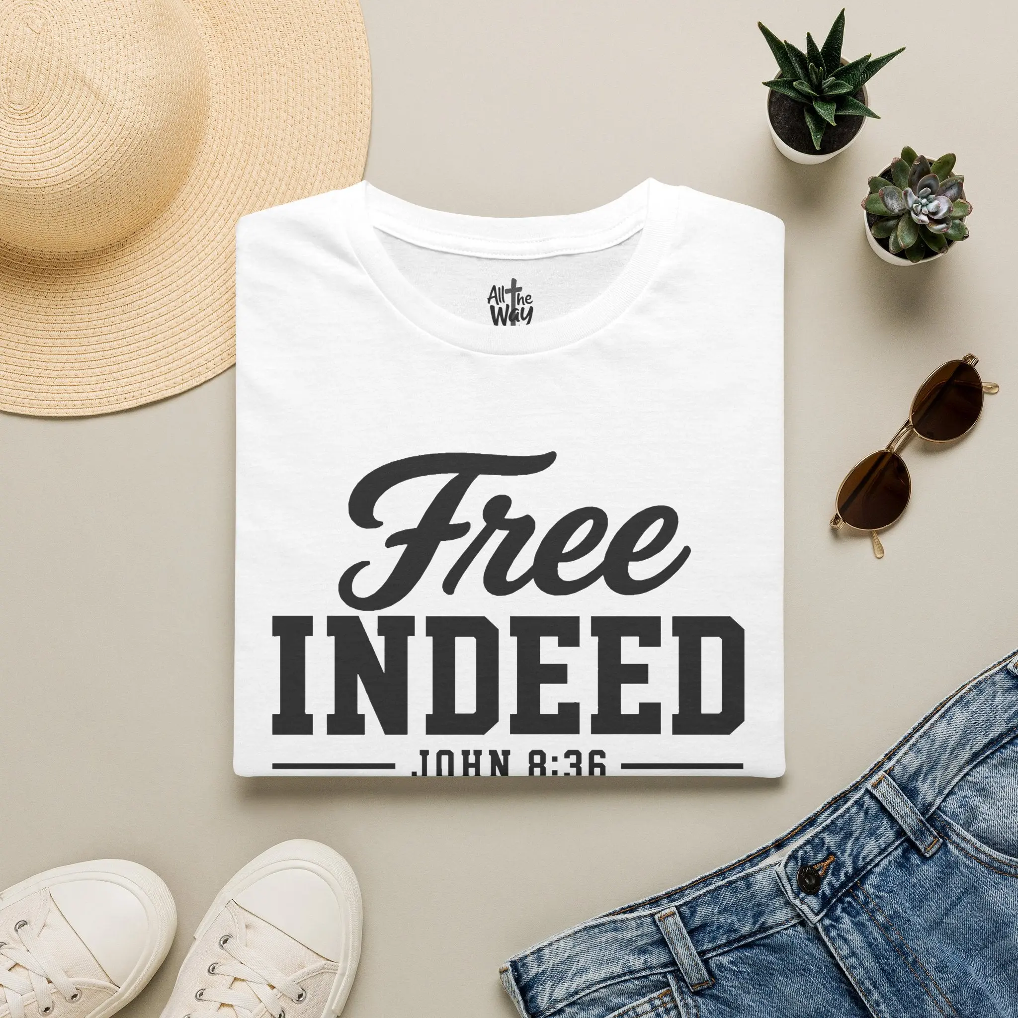 "Free Indeed" John 8:36 T-Shirt — Christian Faith Tee (Gildan 64000)