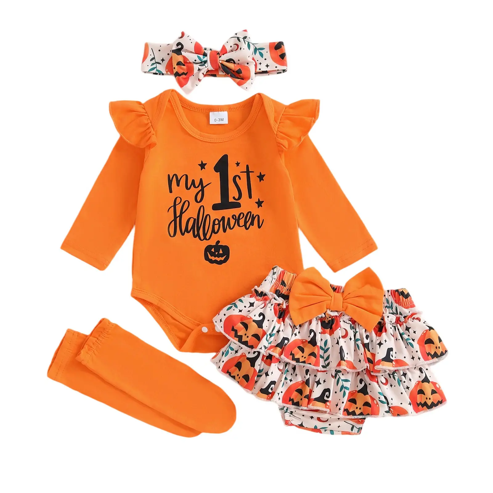 Baby Girl Halloween Outfits 1st Letter Romper+Tutu Bloomer Shorts+Headband Newborn First Holiday Baby Outfits