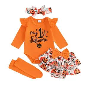 Baby Girl Halloween Outfits 1st Letter Romper+Tutu Bloomer Shorts+Headband Newborn First Holiday Baby Outfits