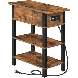 End Table with  Station, Flip Top Side Table with USB Ports, Narrow Nightstand Bedside Tables with Storage Shelves, for Small Space, Living Room, Rustic Brown and Black BF141UBZ01