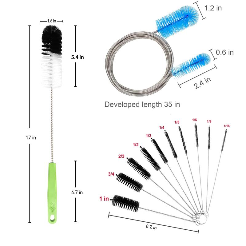 Set of 12 Tube Pipe Cleaners Kit - for Cleaning Narrow Neck Bottle, Curved Glass Tube, Hard-to-Reach Crevices,17” Long Handle Brush,8.2” Multi-Diameters Brushes,35” Flexible Dual-Head Cleaner