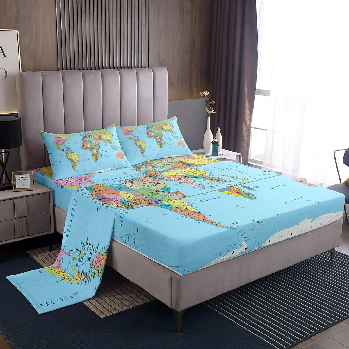 World Map Bed Sheets Multicolored Sheet Set 3D Geography Blue Ocean Bedroom Decor Fitted Sheet America Europe Asia Africa deep Pocket Bed Sheet Set
