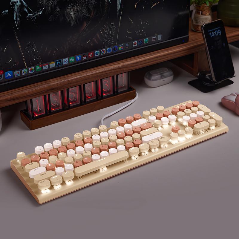 Cute Full Size Wired Keyboard for Girls, White Backlit Typewriter Keyboard with Volume Knob, Light Switch Button and Foldable Stands, Wired Keyboard with Number Pad for Computer PC Laptop