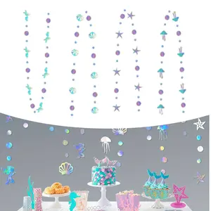 4PCS Holographic Paper Streamer Iridescent Mermaid Garland with Jellyfish Seashell Starfish Pearl for Little Mermaid Rainbow Theme Bachelorette Under The Sea Party Decorations Gift Kit Bling Metallic