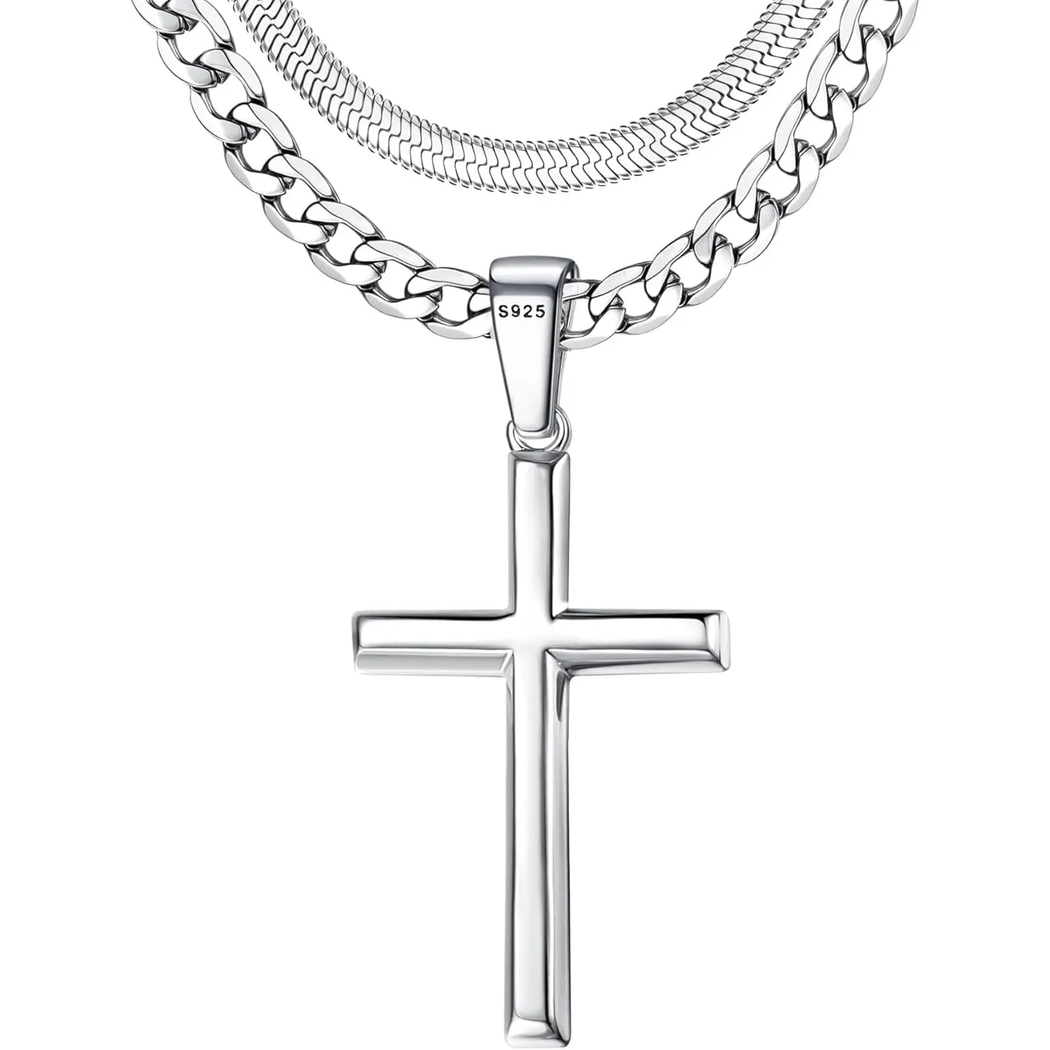 MILACOLATO 925 Sterling Silver Cross Necklace for Men - Waterproof Layered Sterling Silver Cross Pendant Necklaces Stainless Steel Cuban Link Herringbone Cross Chain Necklace Set Jewelry Gifts 16-30 Inches