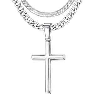 MILACOLATO 925 Sterling Silver Cross Necklace for Men - Waterproof Layered Sterling Silver Cross Pendant Necklaces Stainless Steel Cuban Link Herringbone Cross Chain Necklace Set Jewelry Gifts 16-30 Inches