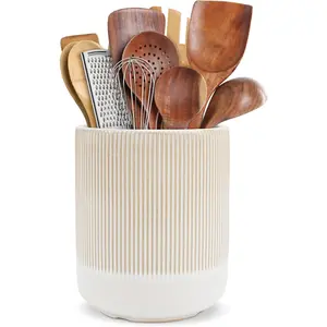 Kitchen Utensils Holder Large,Ceramic Utensil Organizer for Countertop,Morden Utensil Crock for Spoon Spatula, Kitchen Decor (Light Coffee)