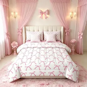 Coquette Pink Bow Comforter Set,7 Piece,Girly Bowknot Bed in a Bag,Soft Microfiber Bedding for Kids Girls Bedroom Decor,All Season Princess Bedding with Sheets,Pillowcases,Cushion Covers