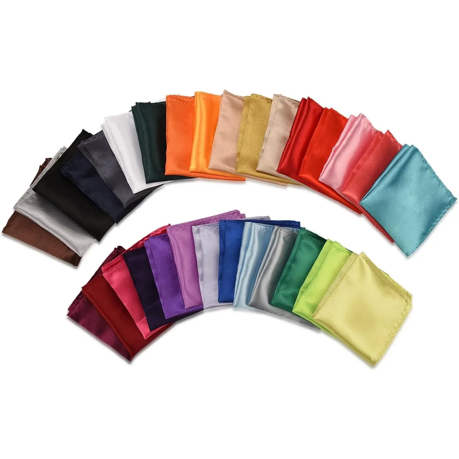 30 Pack Pocket Squares for Men, Solid Color Satin Handkerchiefs, 8.5 Inch | Set of 30 solid color squares in smooth polyester satin, 8.5 x 8.5 inches, for suit, blazer, tuxedo, and vest pockets.