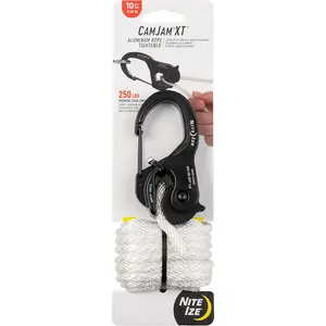 CamJam XT Aluminum Rope Tightener - Versatile Tie Down Cam Mechanism with Carabiner Clip - Secure Hiking Gear Essential - Rope Tie Down Accessory - Black/White