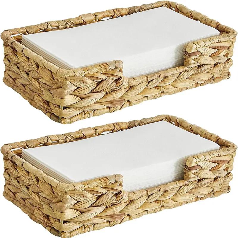 2PCS Nature-Infused Smooth Seagrass Woven Basket Organiser Box - Long Rattan Wicker Bathroom Disposable Guest Towel Holder, Large Table Tray