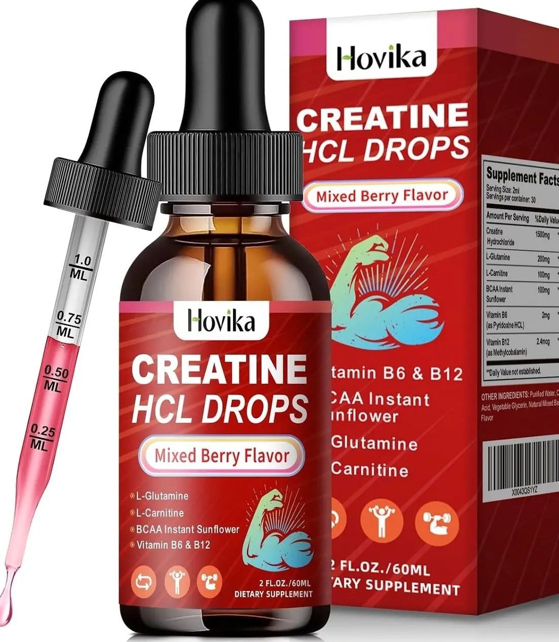 Creatine HCL Liquid Drops for Men & Women, Creatine Hydrochloride with L-Carnitine, L-Glutamine, BCAA, Vitamin B12 & B6 for Muscle Growth & Recovery-Vegan, Mixed Berry Flavor Flavor, 2 Fl Oz