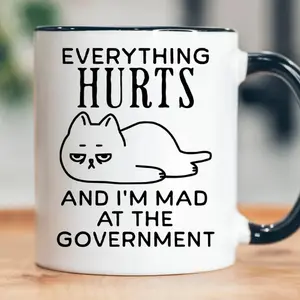 Everything Hurts And I'm Mad At The Government Mug, Political Humor Mug, Sarcastic Cat Meme, Weirdcore Mug,