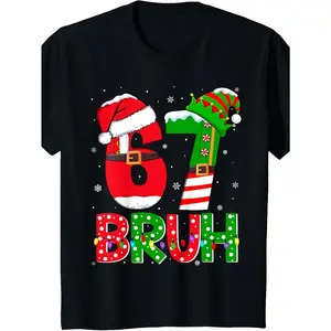 Funny Bruh Six Seven 6 7 Meme Christmas Santa Elf |   Casual Crew Neck T-Shirt for Teens and Kids, Size 130-160, Short Sleeve, Geometric Pattern, Perfect for Spring/Summer (1-13Y)