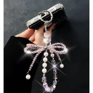 Crystal Phone Wrist Strap Phone Charm Chain Keychain Beaded Cellphone Lanyard with Tether Tab Hands-Free Wristlet Bracelet Wrist Grip Strap for Women