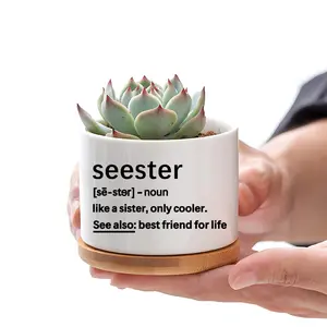 Modern Ceramic Flower Pot with Bamboo Stand, 1 Count Creative Monogram Party Supplies, Birthday Gift for Sister, Friendship Gift, Decorative Pot for Home Garden Party, Modern Plant Pot, Succulent Planter