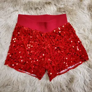 Red sequin elastice waist shorts with lining kids girls 4th of july shorts