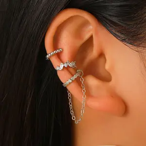 Silver Tone Multi-Piece Ear Cuff Set with Lightning Bolt and Crystal Accents, No-Piercing Stackable Ear Cuffs with Dangling Chain, Edgy Punk Ear Jewelry for Grunge & Modern Styling