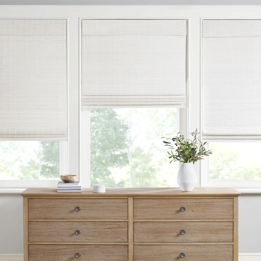 MAIN STREET Bamboo Light Filtering Roman Shade - Cordless Lift/Pull Mechanism, Woven Slats, Organic Look, 64 in Window Curtains Blinds