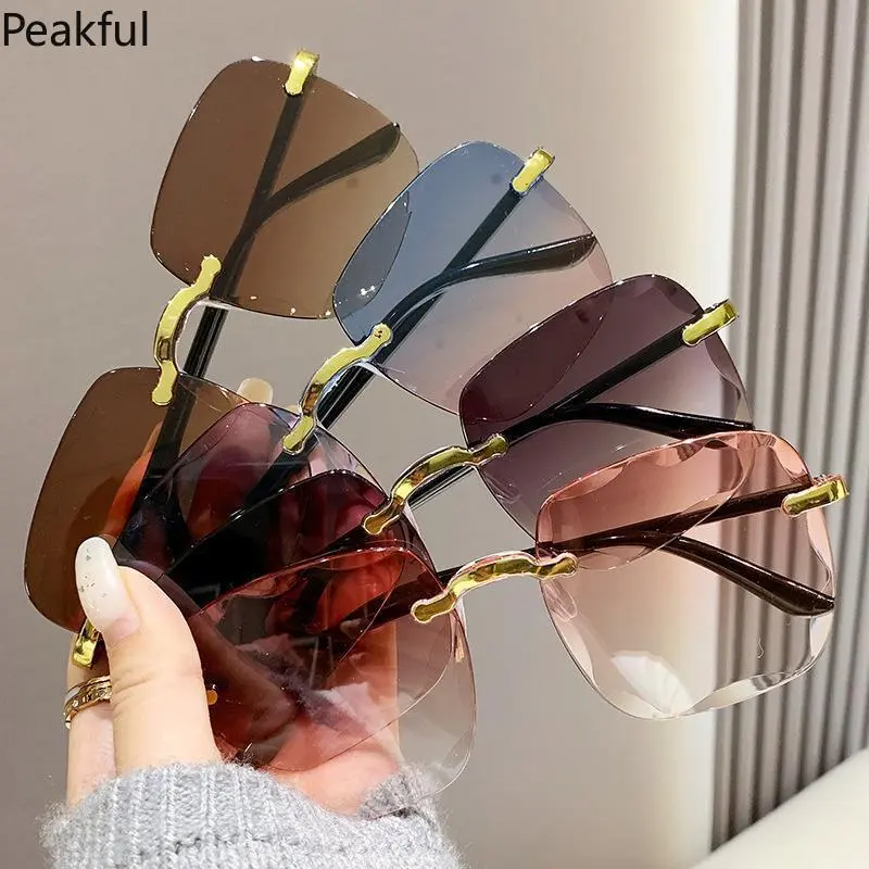 4PCS Square Rimless Sunglasses Women Luxury Brand Designer Summer Red Glasses Fashion Sun Glasses for Men Shades Oculos Eyeglass