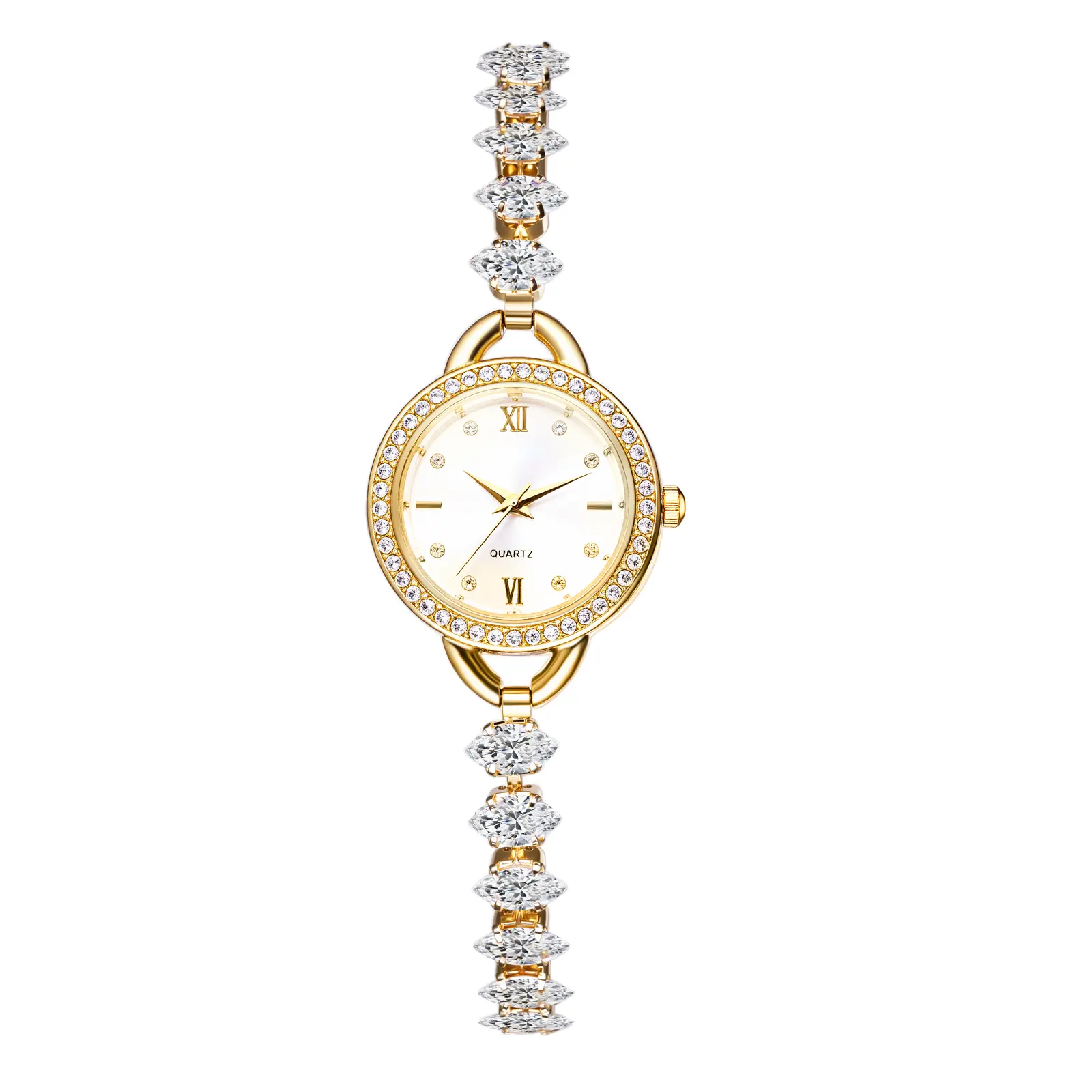 OIDEA Women's Fashionable Analog Watch, Gold Plated Iced-Out Case with Crystal Adjustable Strap, Elegant Roman Dial with Diamond Markers, Gold Plated Watch