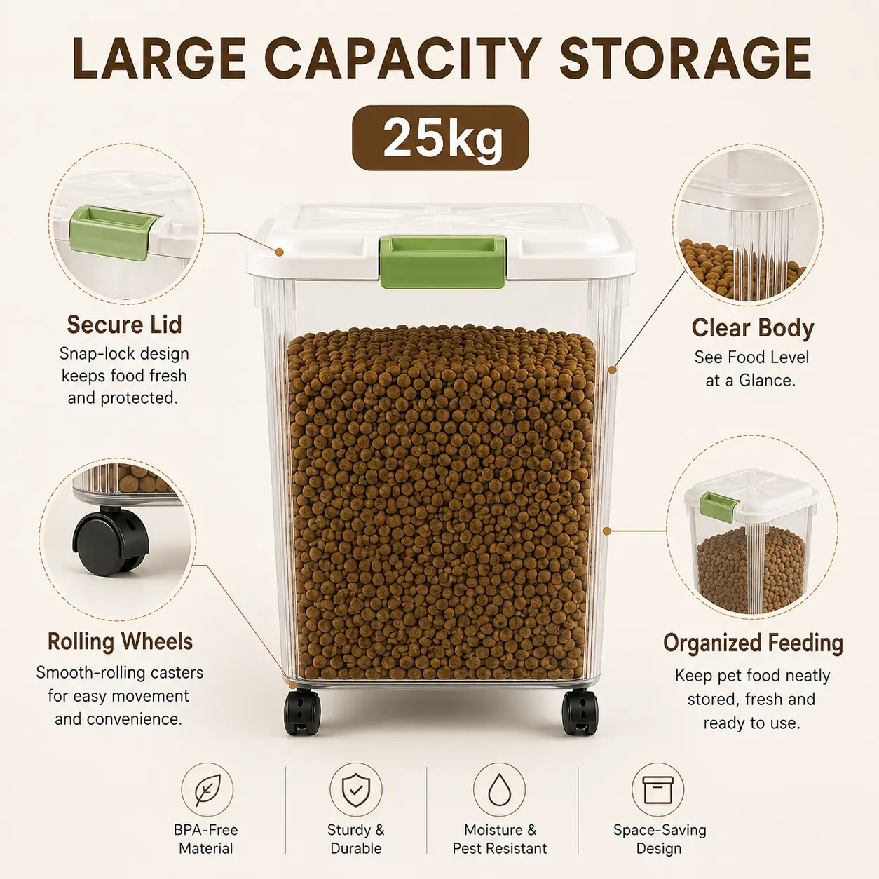 25kg Airtight Storage Bin with Snap Lock Lid & Silicone Seal, Equipped with Rolling Wheels and Measuring Scoop, Food Container for Dog Food, Rice and Grains